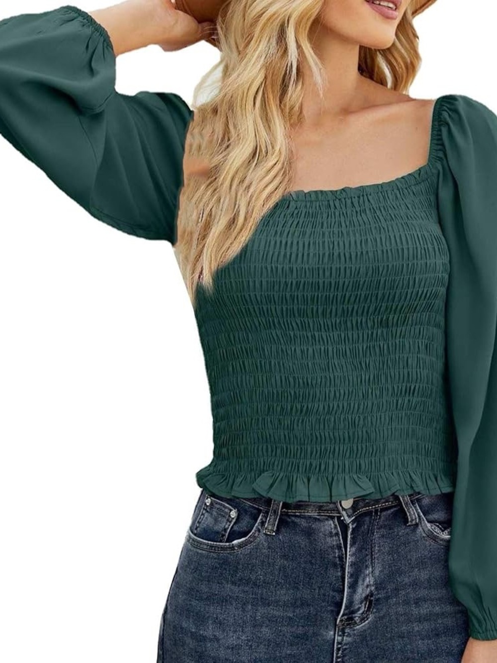Smocked Square-Neck Blouse in Teal